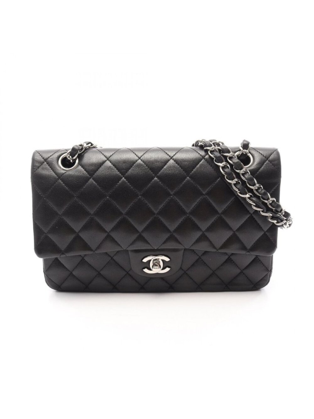 Chanel Shoulder Bag Quilted Double Flap Black Lambskin Chain
